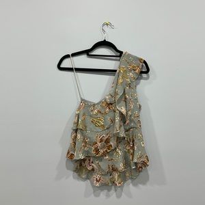 Ruffle paisley print one shoulder chiffon top boho pastel floral flowy layered